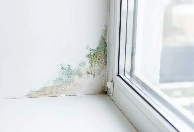 Severe black mould growth on walls and ceiling in a typical rental property
