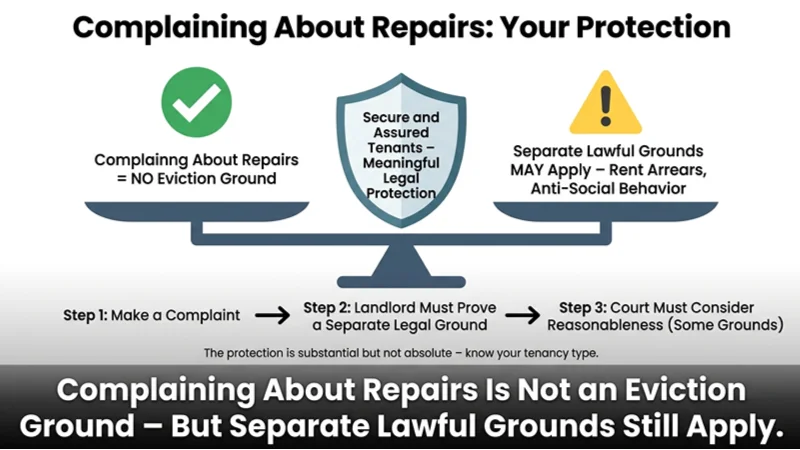 Infographic showing the protection framework for tenants who complain about repairs, featuring a balance scale comparing eviction grounds, a flowchart of the legal process, and key messages.