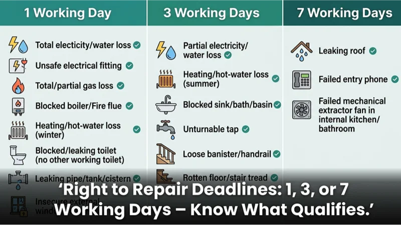 A modern infographic detailing Right to Repair deadlines (1, 3, or 7 working days) for common household repairs in England, listed with icons and checkmarks in three columns.