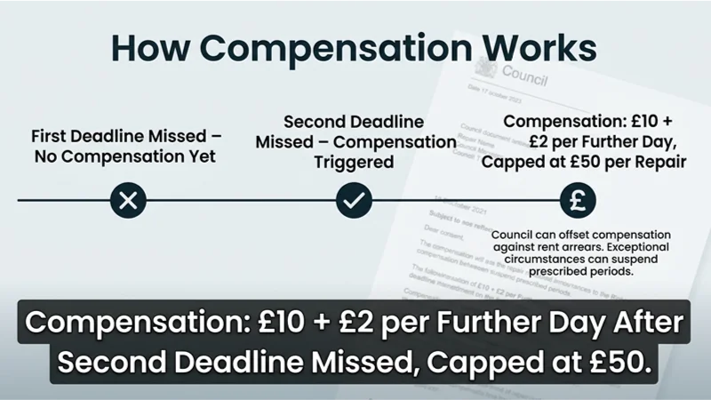Infographic titled "How Compensation Works" showing a timeline with a missed first deadline (no compensation) and a missed second deadline (compensation triggered), leading to a payout of £10 plus £2 per day, capped at £50, with a council document in the background and a dark text bar at the bottom summarizing the terms.